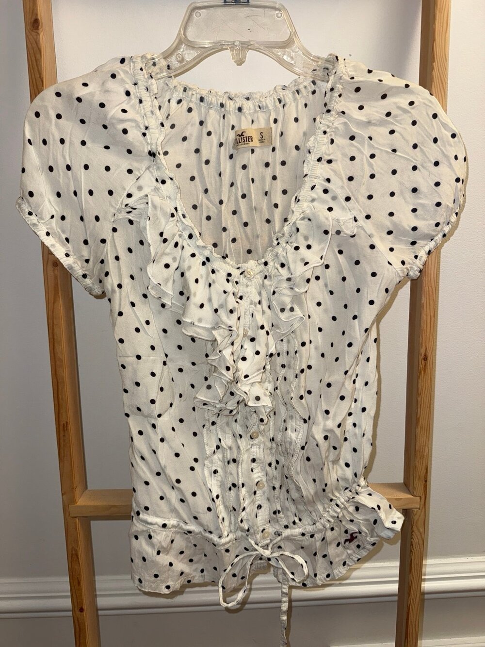Vintage Hollister White Polka Dot Ruffle Tie Waist Blouse Top